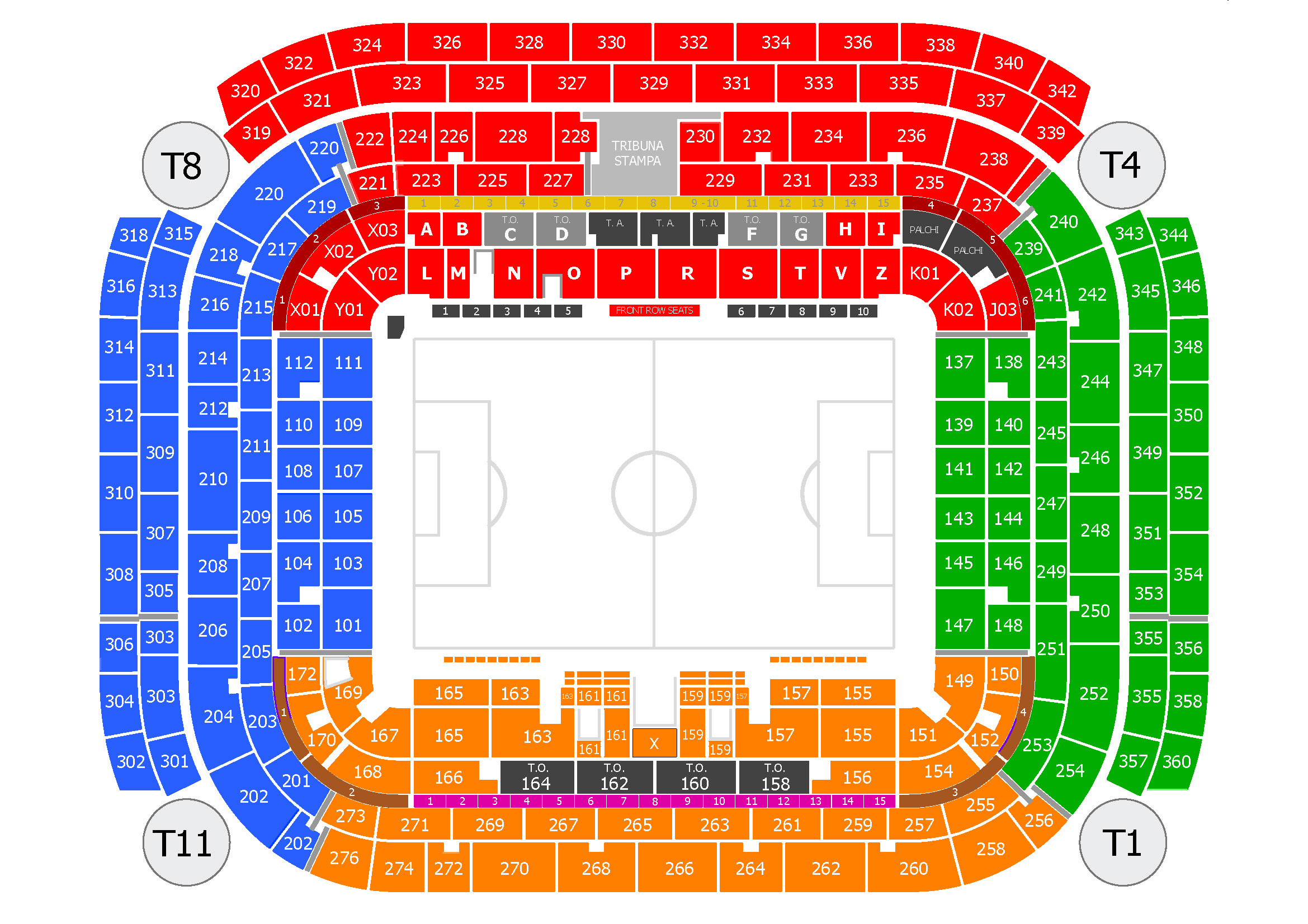 Stadio Giuseppe Meazzan sektorikartta värikoodattuina katsomosektoreina: Curva Nord vihreällä katsomonosalla pohjoispäädyssä
